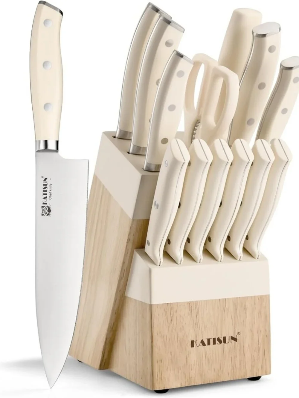 14-Piece Self-Sharpening Kitchen Knife Set with Wooden Block, High Carbon Steel